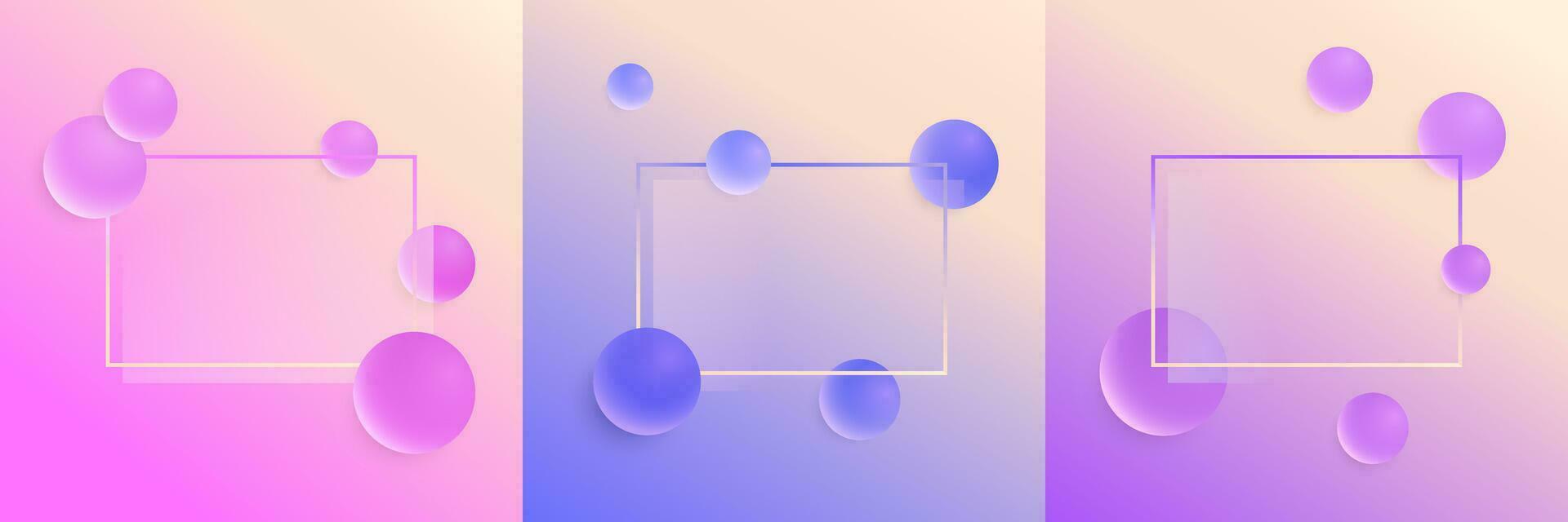 ensemble de 3d pente Contexte avec transparent Cadre et des balles. moderne réaliste futuriste modèle avec rose, bleu, violet sphères. vecteur illustration pour texte, affaires carte, imprimer, brochure