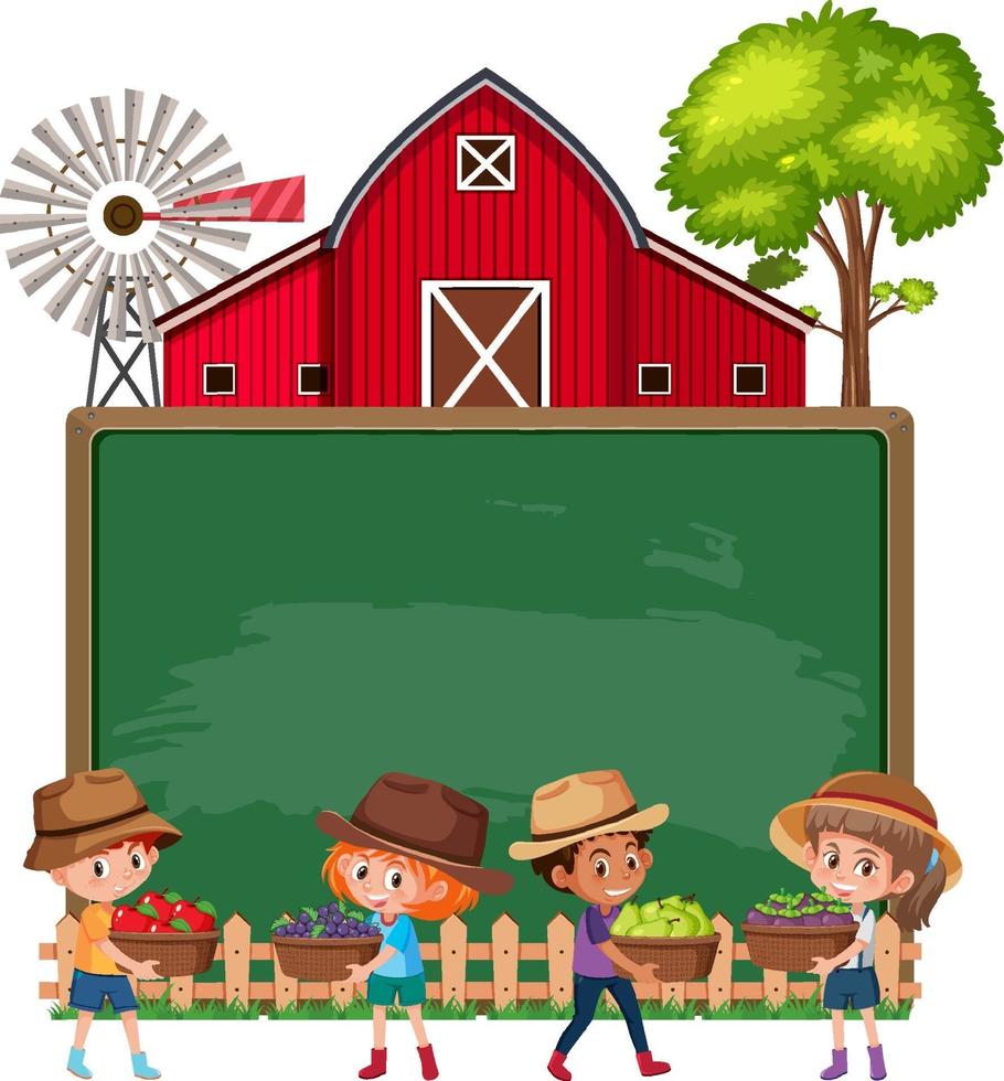 tableau noir vide avec des enfants d'agriculteurs et une grange vecteur