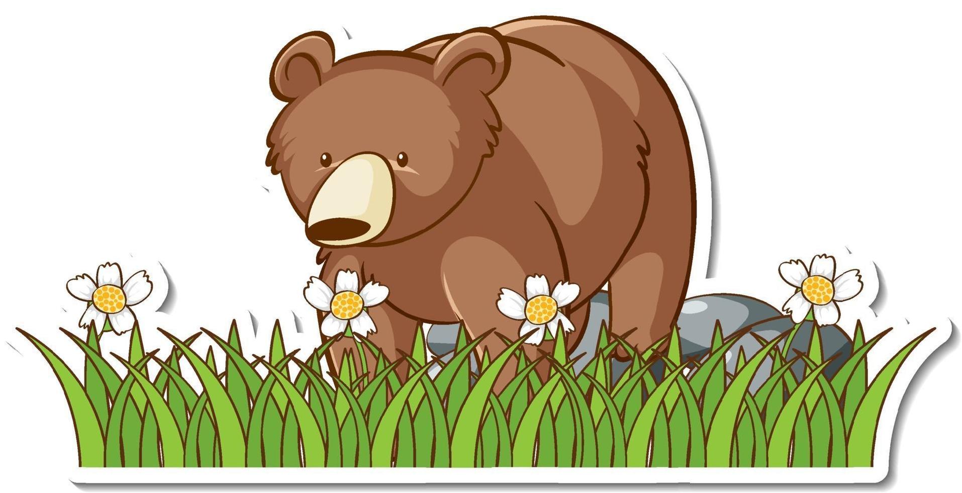 autocollant grizzly debout dans un champ d'herbe vecteur