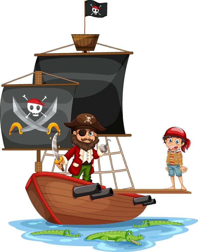 concept de pirate avec un garçon marchant sur la planche du navire vecteur