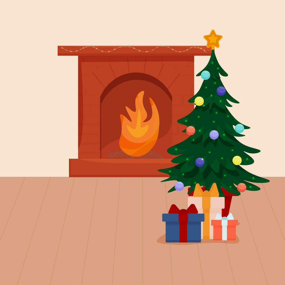 Noël pièce avec une cheminée et une vert Noël arbre avec cadeaux. vecteur. vecteur