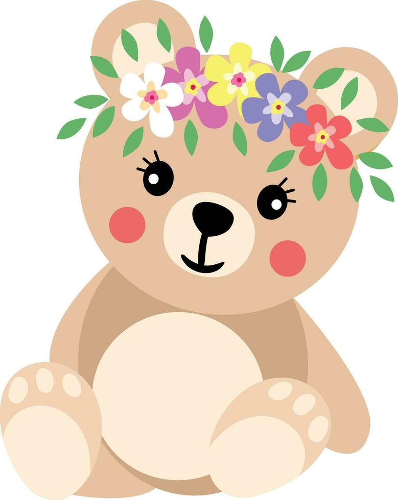 adorable nounours ours avec couronne floral sur tête vecteur