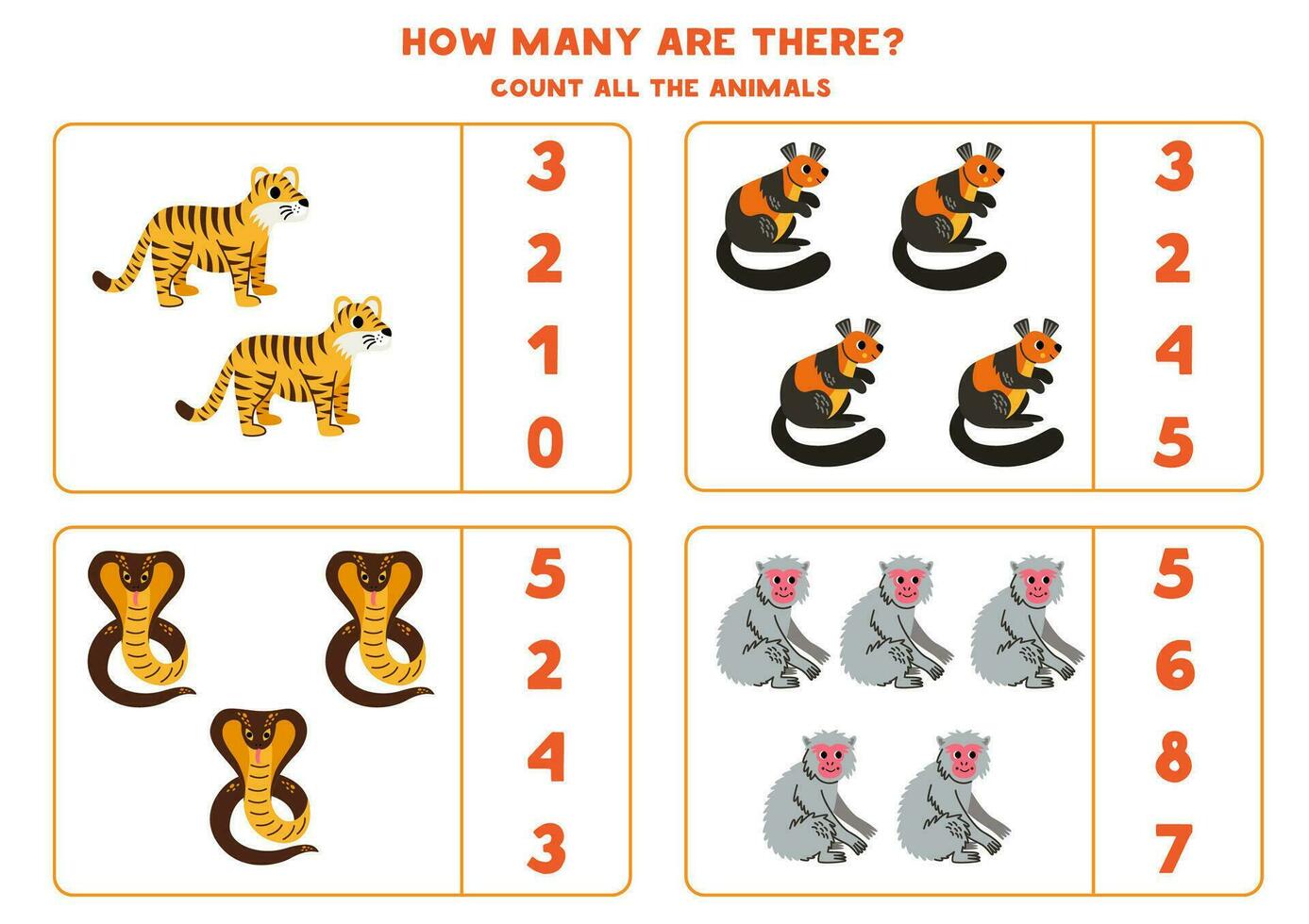 compter tout asiatique animaux et cercle le correct réponses. vecteur