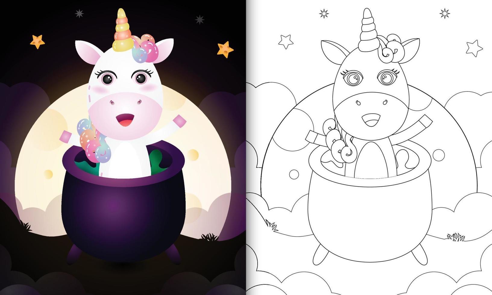 livre de coloriage avec une licorne mignonne dans le chaudron de sorcière vecteur