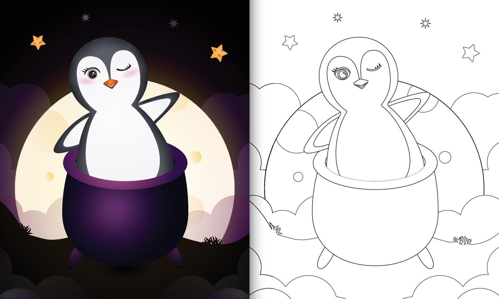 livre de coloriage avec un pingouin mignon dans le chaudron de sorcière vecteur