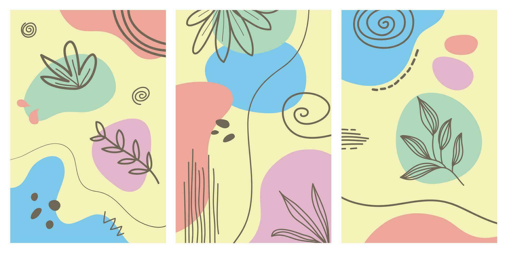 collection d'affiches d'art contemporain aux couleurs pastel. papier abstrait découpé des éléments géométriques et des traits, des feuilles et des points. excellent design pour les médias sociaux, les cartes postales, l'impression. vecteur