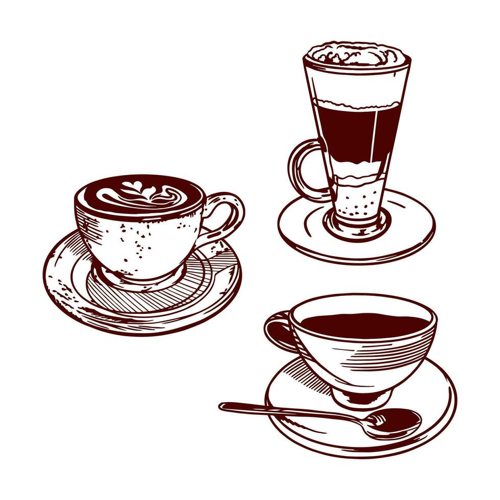 une tasse de thé, une tasse de café et une tasse de glacé verre. vecteur illustration de nourriture dans graphique style. conception élément pour les menus de Restaurants, les cafés, nourriture Étiquettes, couvertures, cartes.