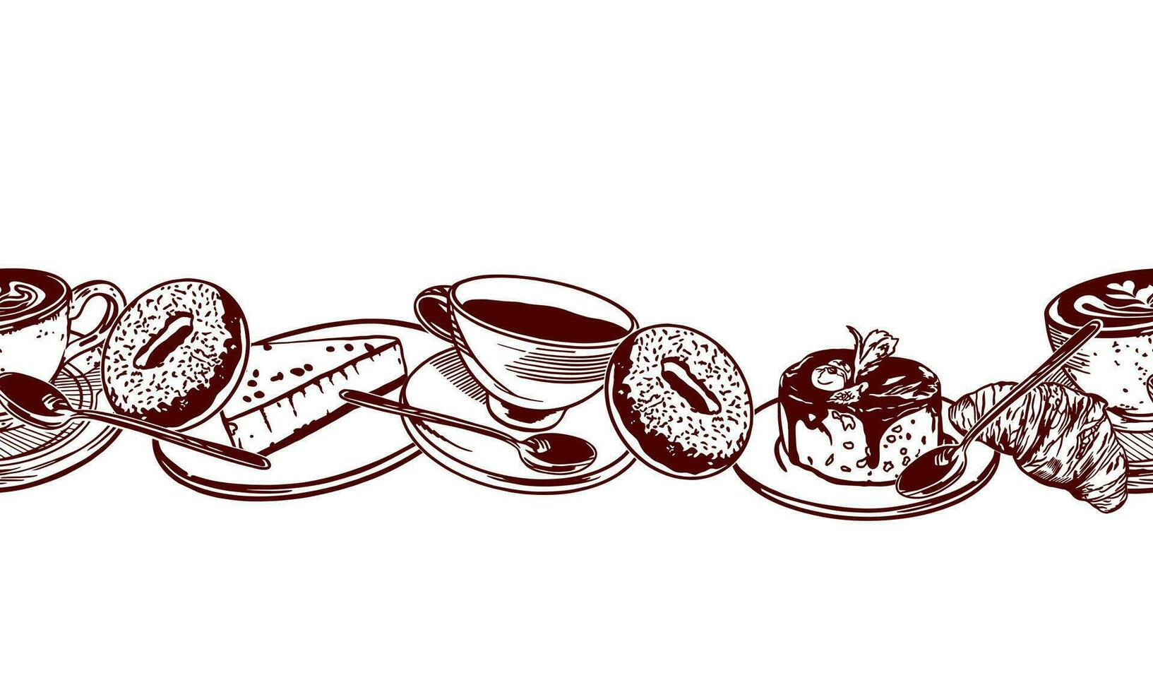 tasse de thé, beignets, des croissants, cheesecake, cuillère. vecteur illustration de une sans couture frontière dans graphique style. conception élément pour les menus de Restaurants, les cafés, nourriture Étiquettes, couvertures.