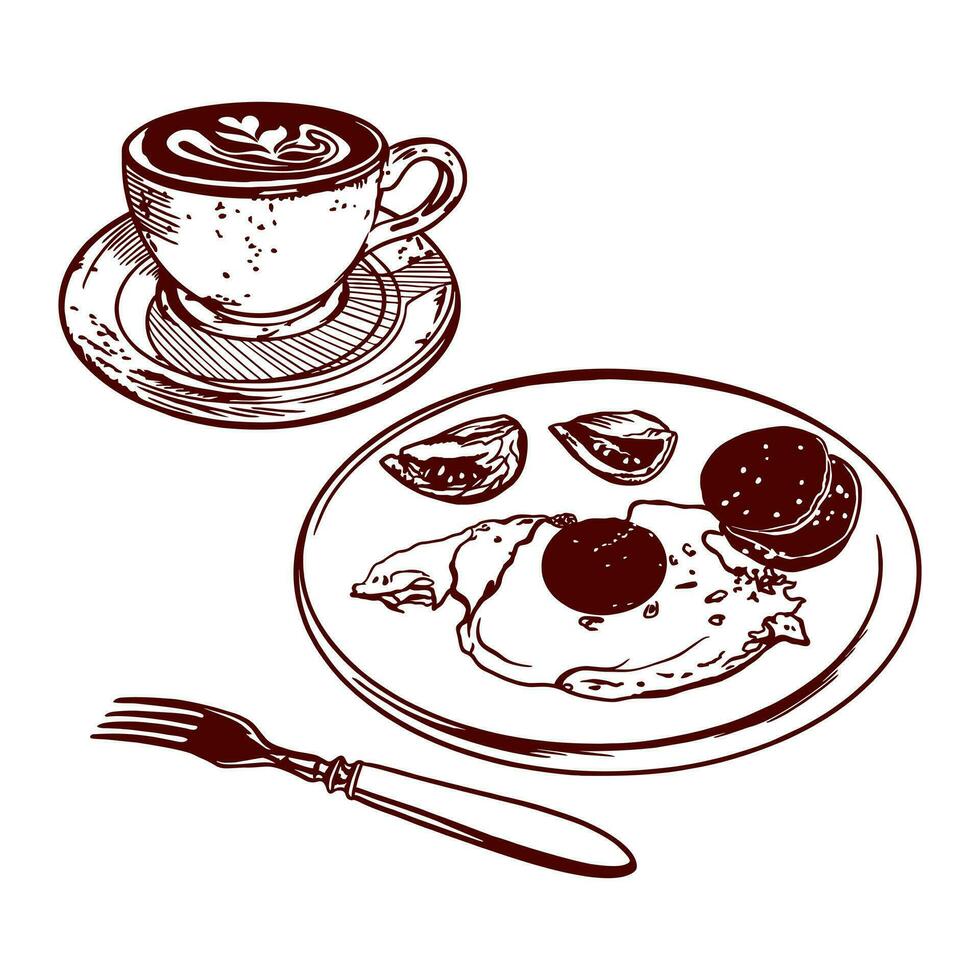 café dans une tasse, brouillé des œufs avec saucisse et tomates, fourchette. vecteur illustration de petit déjeuner dans graphique style. conception élément pour les menus de Restaurants, les cafés, nourriture Étiquettes, couvertures.