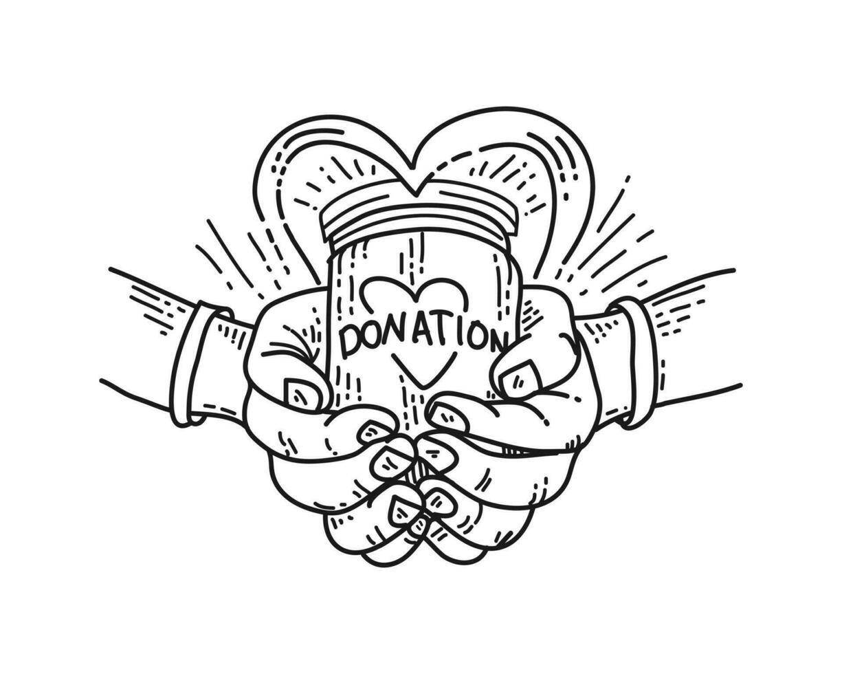 faire un don dessiné à la main. concept de charité et de don. les mains donnent et partagent l'amour aux gens. geste des mains sur le style doodle. illustration vectorielle vecteur