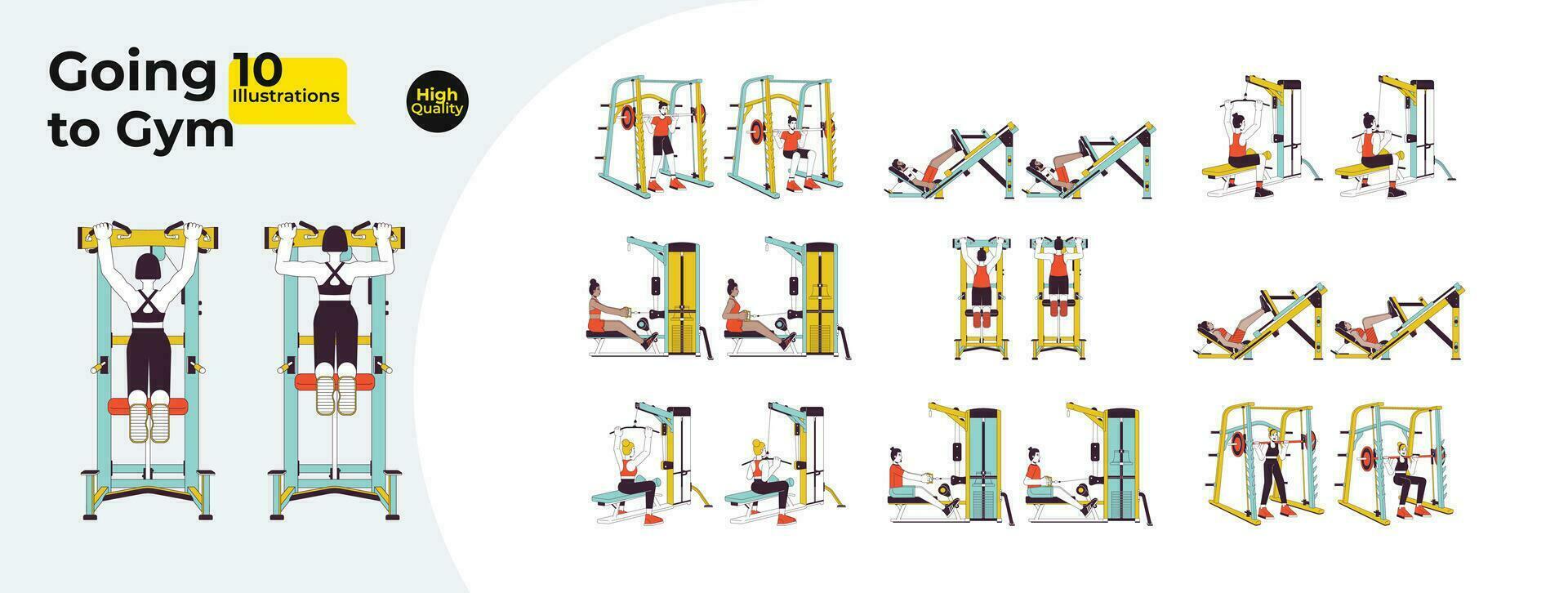 Gym des sports formation ligne dessin animé plat illustration empaqueter. diverse sportive sportif 2d lineart personnages isolé sur blanc Contexte. Machines faire des exercices scènes vecteur Couleur image collection