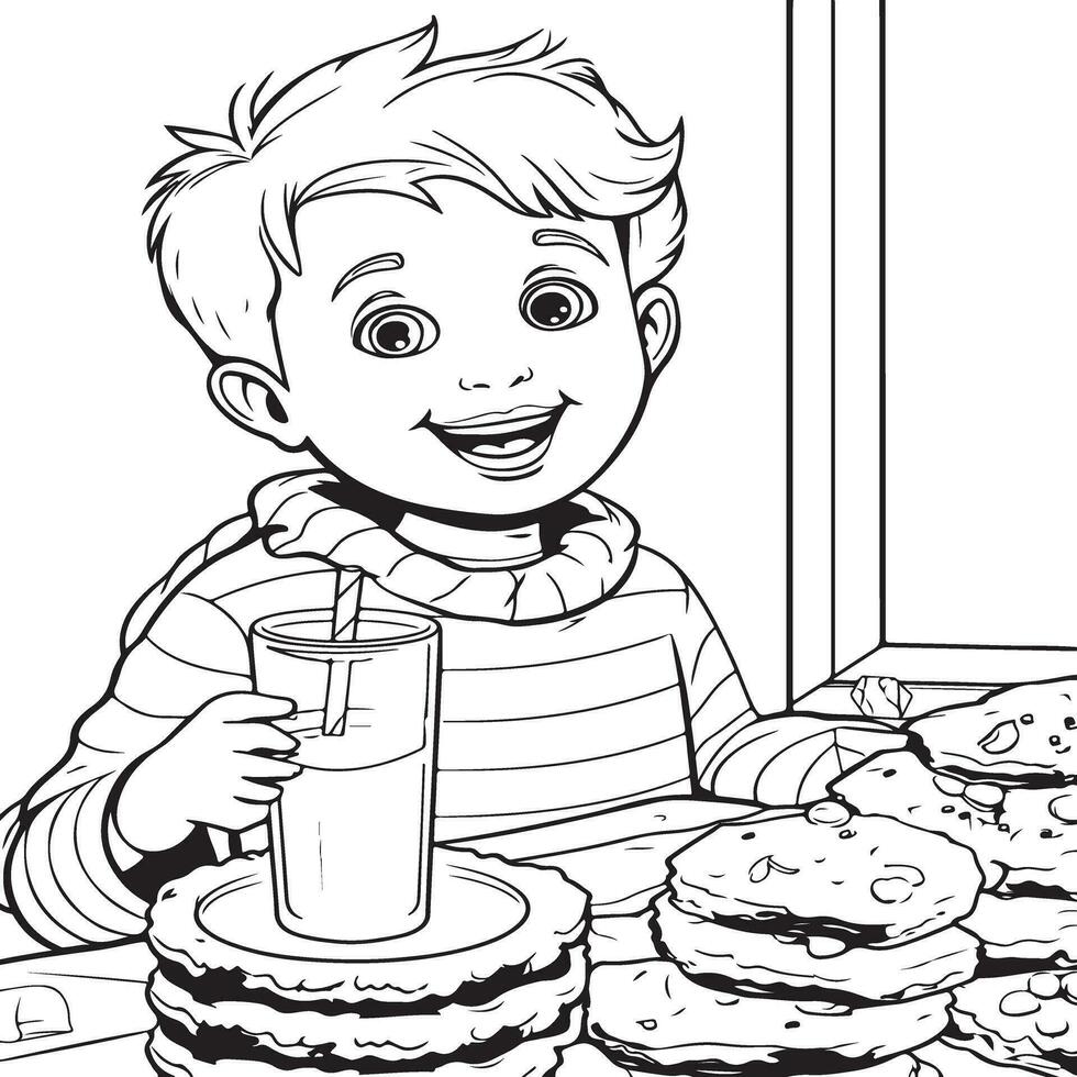 les enfants en quittant Lait et biscuits coloration page vecteur