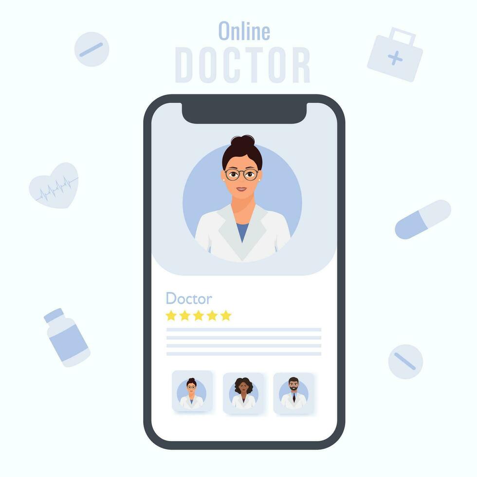 mobile app avec médecin sur le téléphone intelligent filtrer. médicament en ligne bannière concept. en ligne médecin consultation vecteur