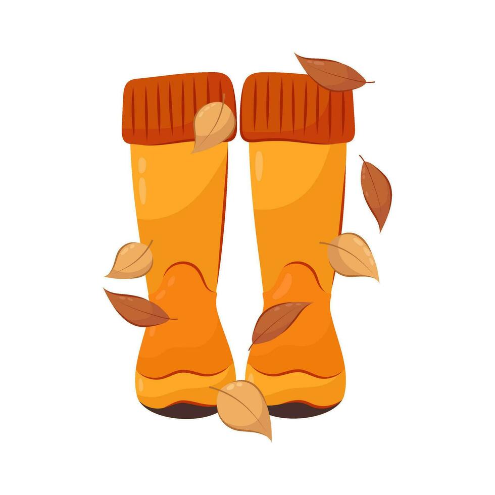 Orange caoutchouc bottes dans plat style sur une blanc Contexte. l'automne bottes sont couvert avec sec feuilles. vecteur