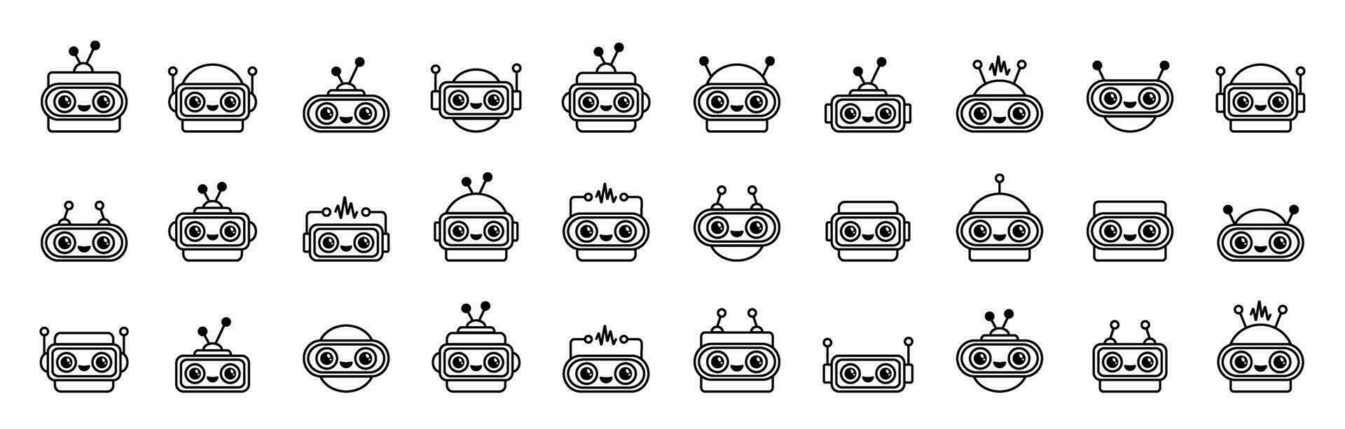 ensemble chatbot ai Icônes. Icônes et logo mignonne robot avec gros yeux dans moderne plat style.vecteur noir artificiel intelligence symbole pour mobile app et la toile conception sur blanc Contexte et sans pour autant Contexte vecteur