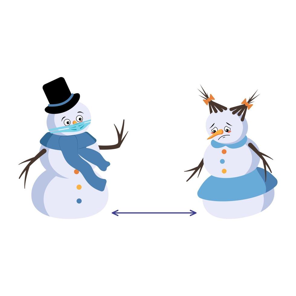 bonhomme de neige et femme de neige avec des émotions tristes et un masque gardent la distance vecteur
