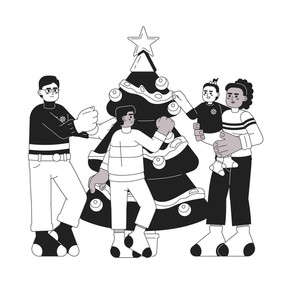 diverse famille Noël arbre décorer noir et blanc dessin animé plat illustration. interracial famille vacances linéaire 2d personnages isolé. pendaison babioles Noël monochromatique scène vecteur image