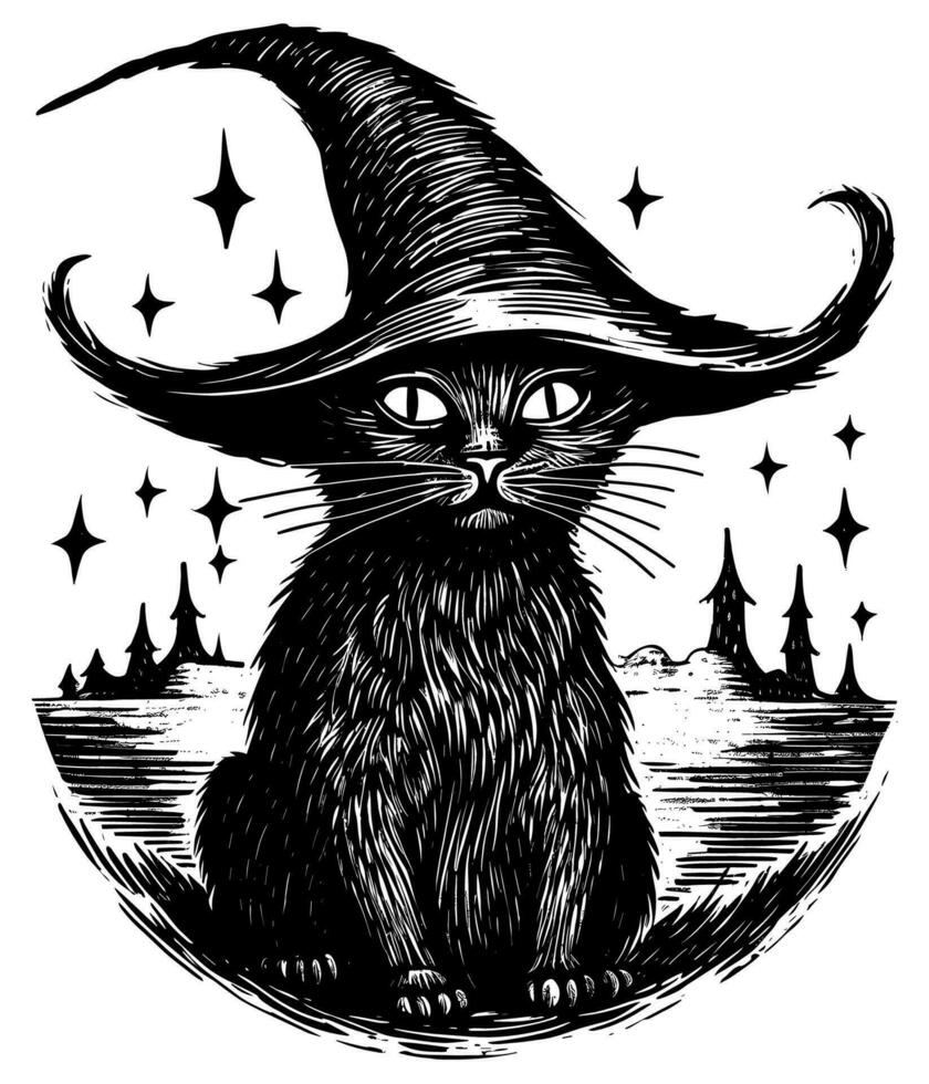 noir chat avec sorcière chapeau vecteur