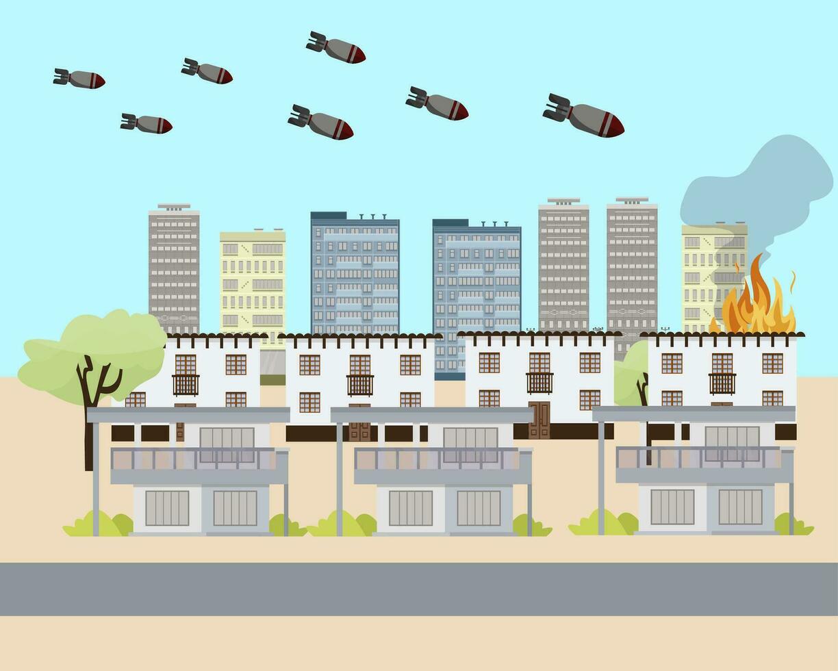 ville en dessous de missile attaque. Israël Palestine guerre. bombes en volant à le ville. Feu et destruction de le maison. vecteur illustration.