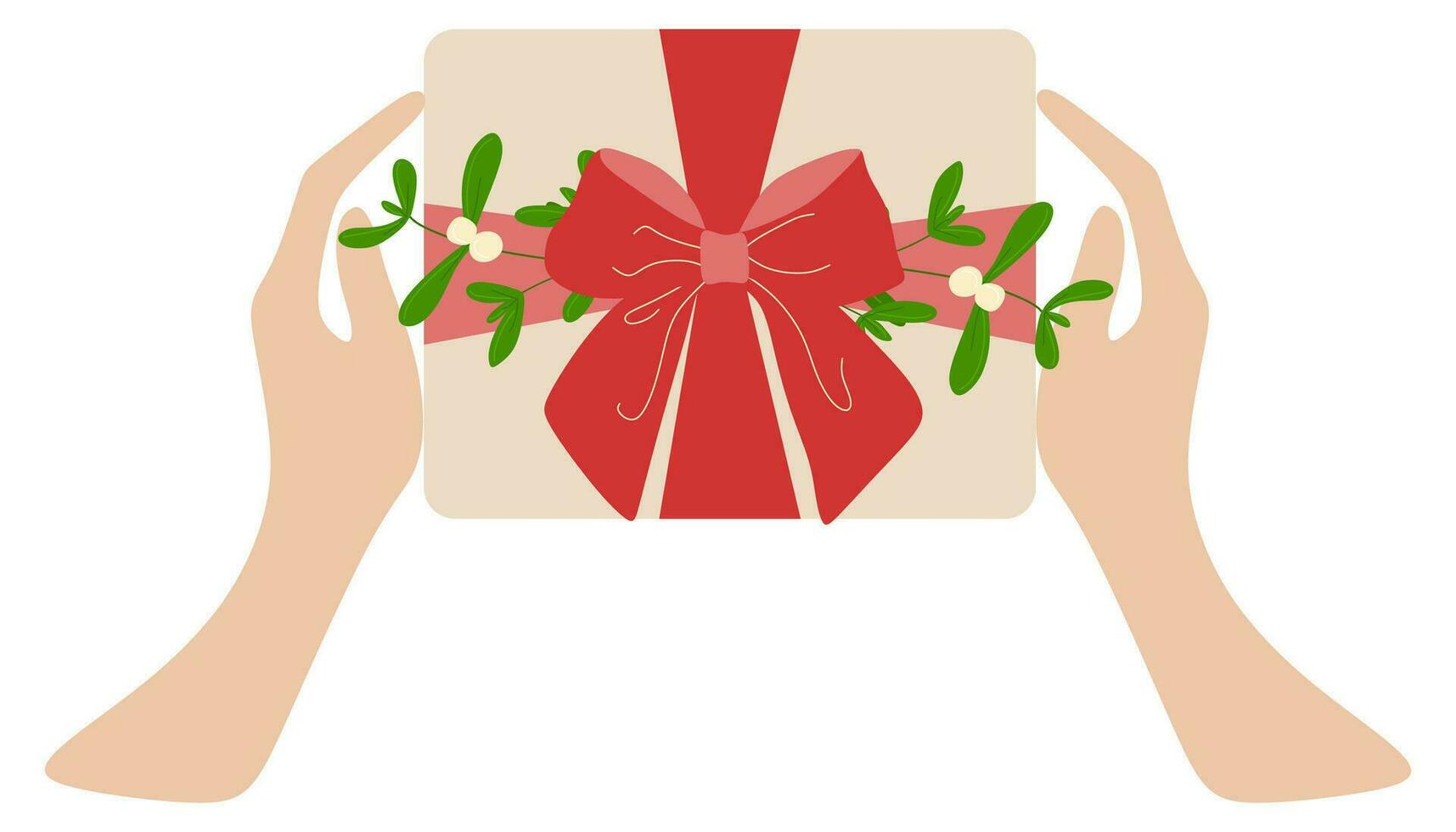 mains tenir vacances cadeau boîte. en présentant Noël surprise enveloppé dans de fête emballage, emballer, décoré avec ruban arc et Noël du gui branche. plat vecteur illustration isolé sur blanc