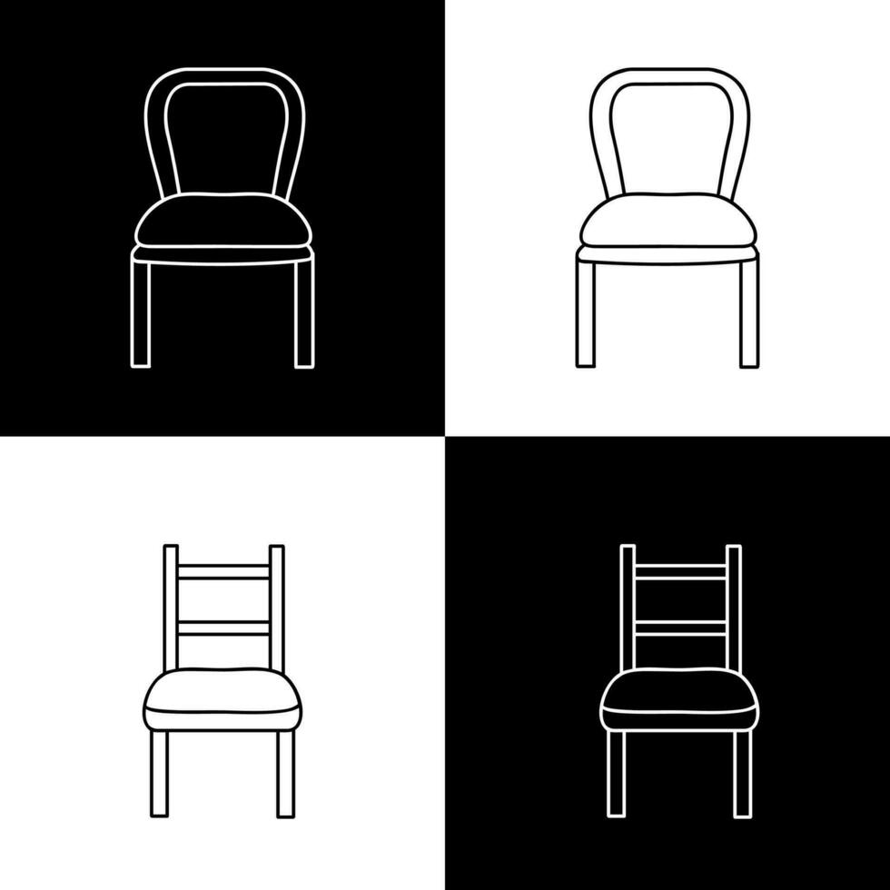Icônes pour chaises sur noir et blanc arrière-plans, Facile esquisser grandes lignes, 2d, ligne art, meubles formes, plat vecteur illustration.