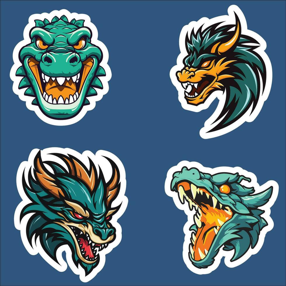 quatre féroce dragon tête autocollants dans bleu et vert couleurs vecteur