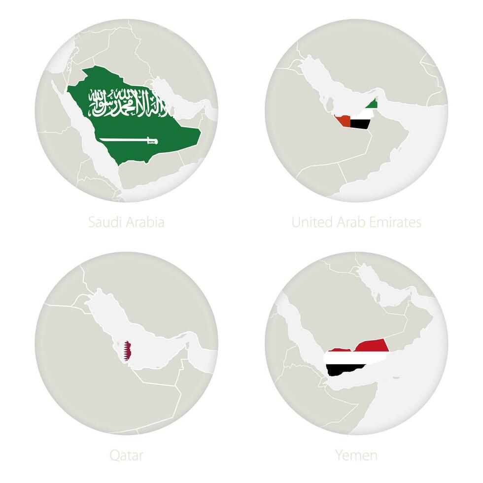 saoudien Saoudite, uni arabe émirats, Qatar, Yémen carte contour et nationale drapeau dans une cercle. vecteur