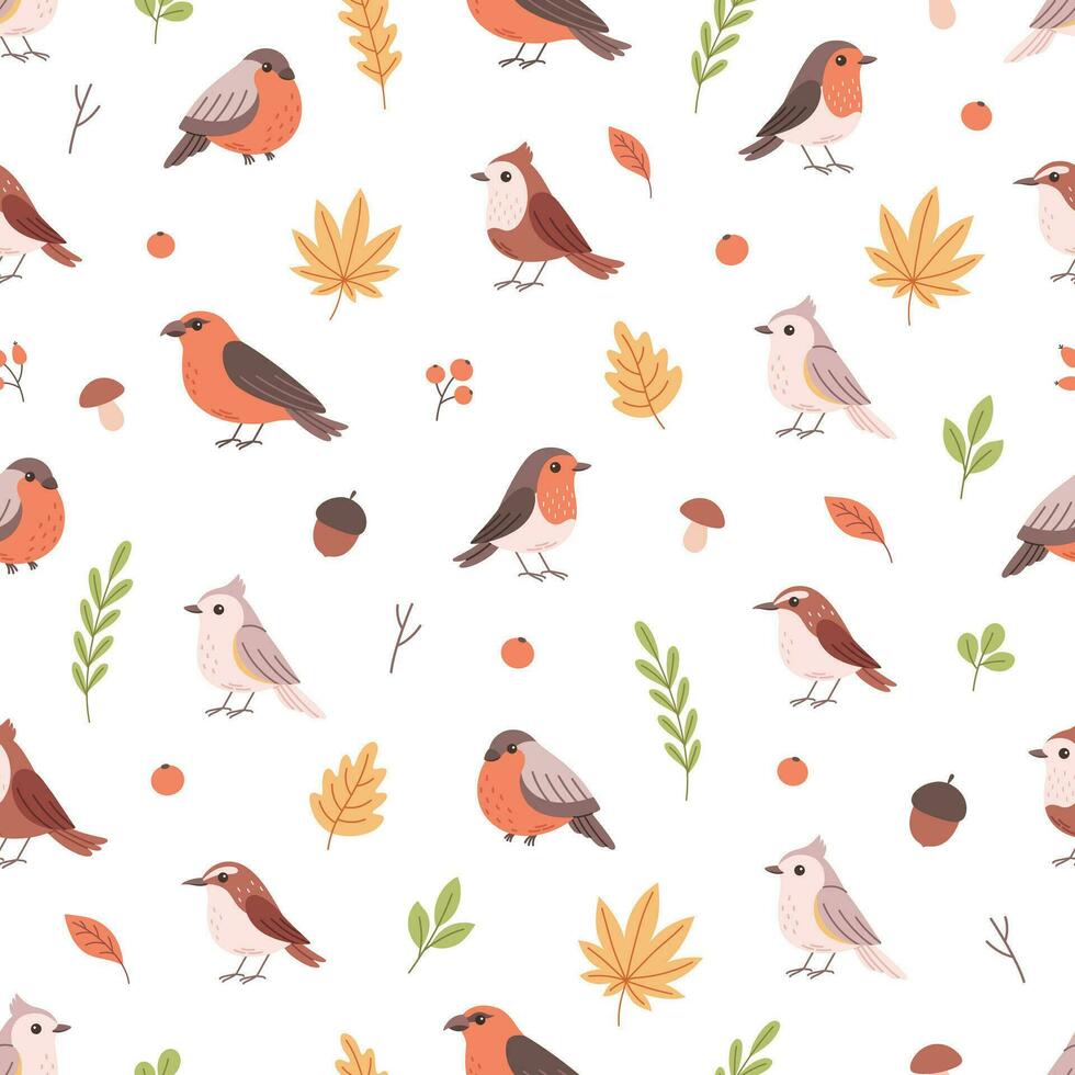 mignonne des oiseaux et l'automne feuilles sans couture modèle. vecteur illustration dans plat style