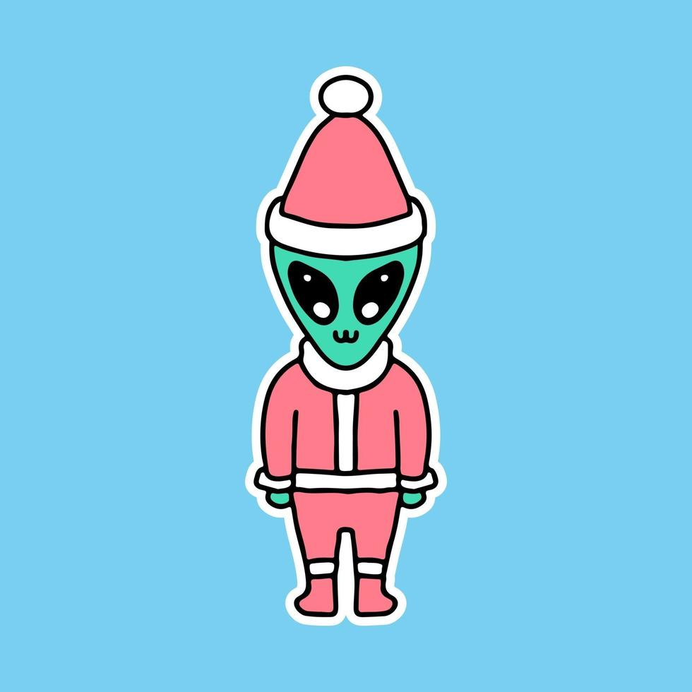 Alien mignon avec costume de père Noël, illustration de dessin animé pour autocollants vecteur