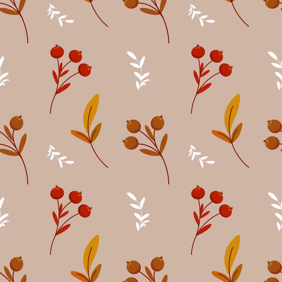 modèle sans couture, branches de rowan et brindilles avec feuilles sur fond beige. impression d'automne, textile, arrière-plan, vecteur