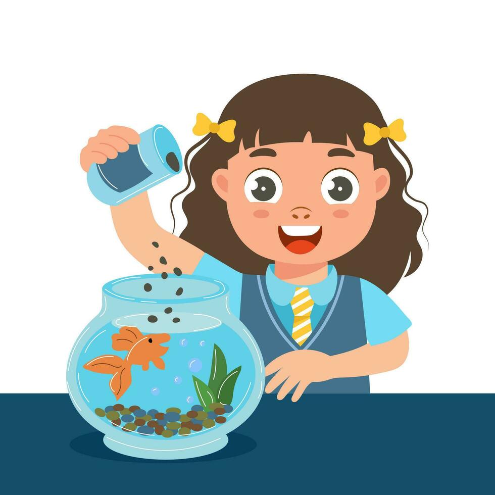 joyeuse petite fille nourrit un poisson dans un aquarium en verre. concept de soins pour animaux de compagnie. illustration, vecteur