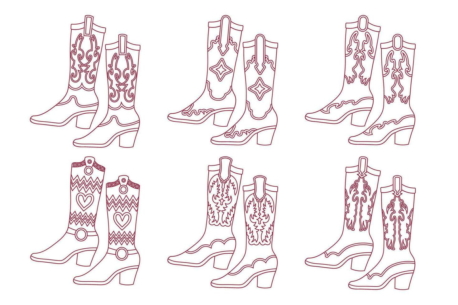 ensemble de rose cow-girl bottes. rose cow-girl bottes avec décoratif détails. esquisser. vecteur