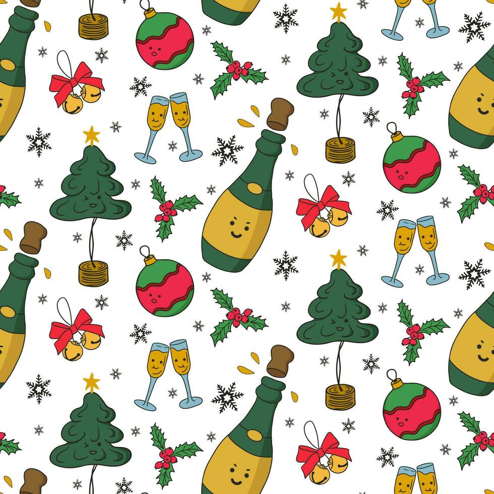 Noël modèle avec mignonne kawaii traditionnel décoration. vacances conception dans plat puéril style sur blanc Contexte. bien pour décoration, emballage papier, textile, fond d'écran vecteur