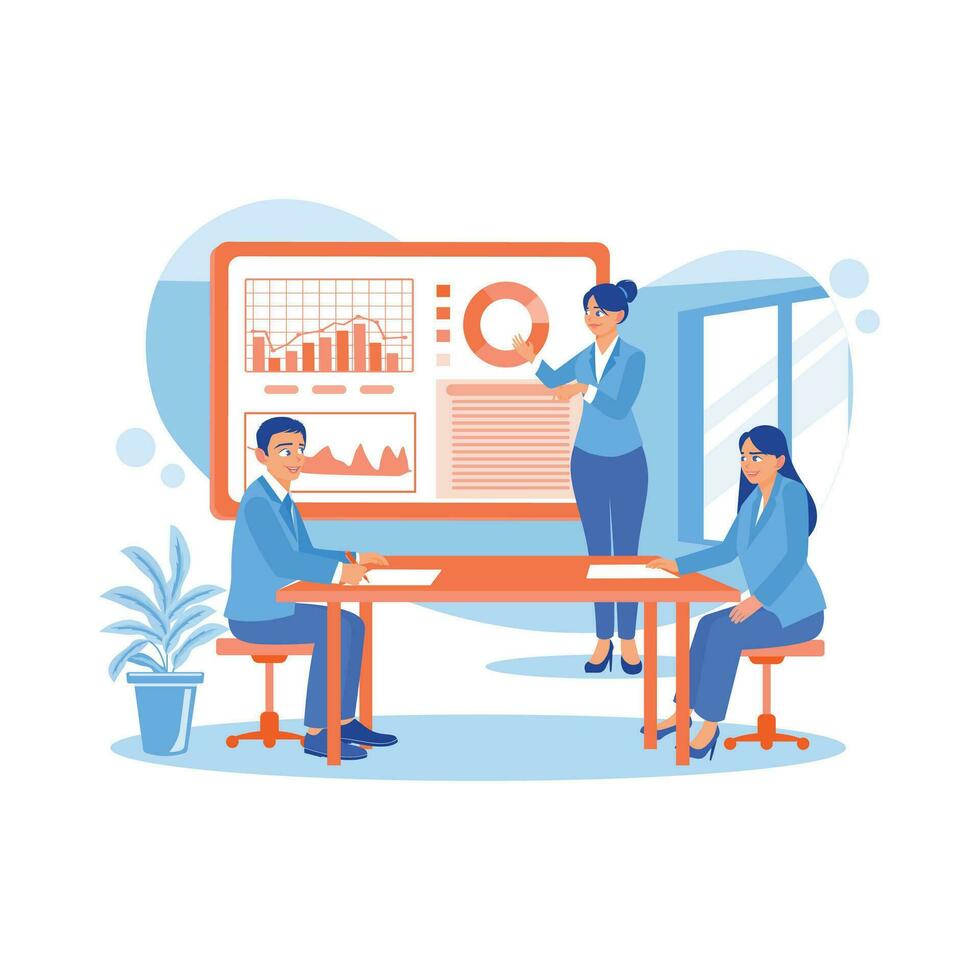 femelle directeur en portant une réunion présentation avec le de l'entreprise équipe de économistes. analyser croissance graphiques, statistiques, et données. croissance une analyse concept. tendance moderne vecteur plat illustration