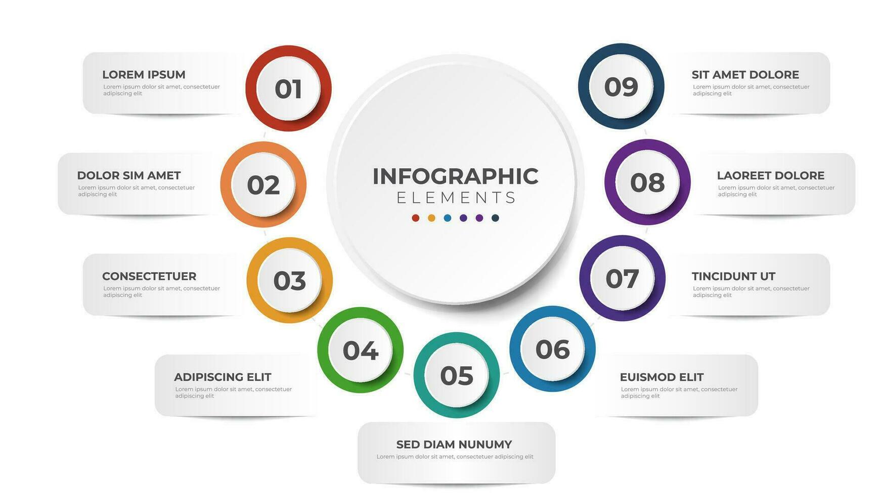 9 liste des étapes, schéma de disposition circulaire avec nombre de séquences, modèle d'élément infographique vecteur