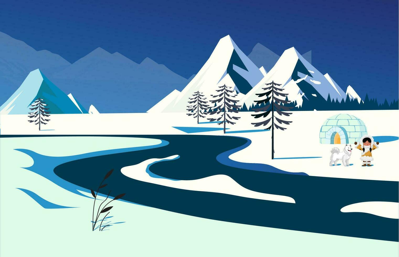 dessin animé enfant ethnique esquimau et sa chien jouer ensemble sur de face maison. vecteur concept avec Naturel rivière et Montagne à hiver saison.