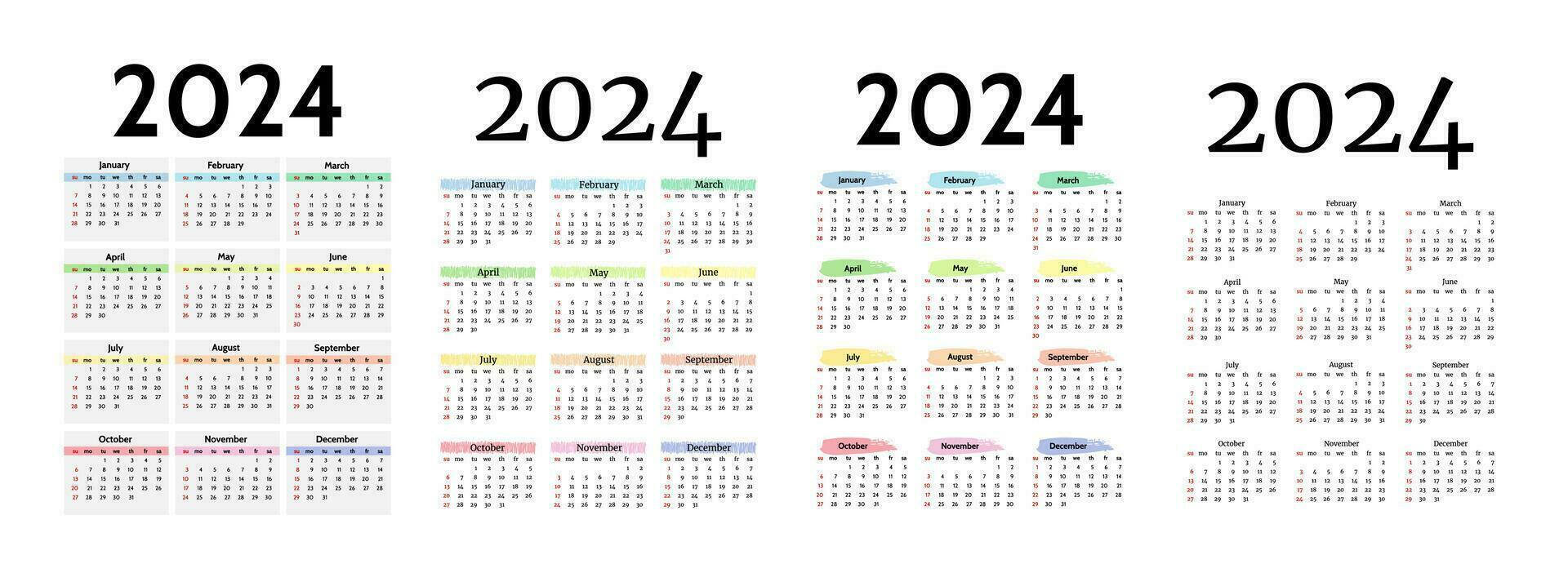 ensemble de quatre verticale calendriers pour 2024 isolé sur une blanc Contexte. dimanche à lundi, affaires modèle. vecteur illustration