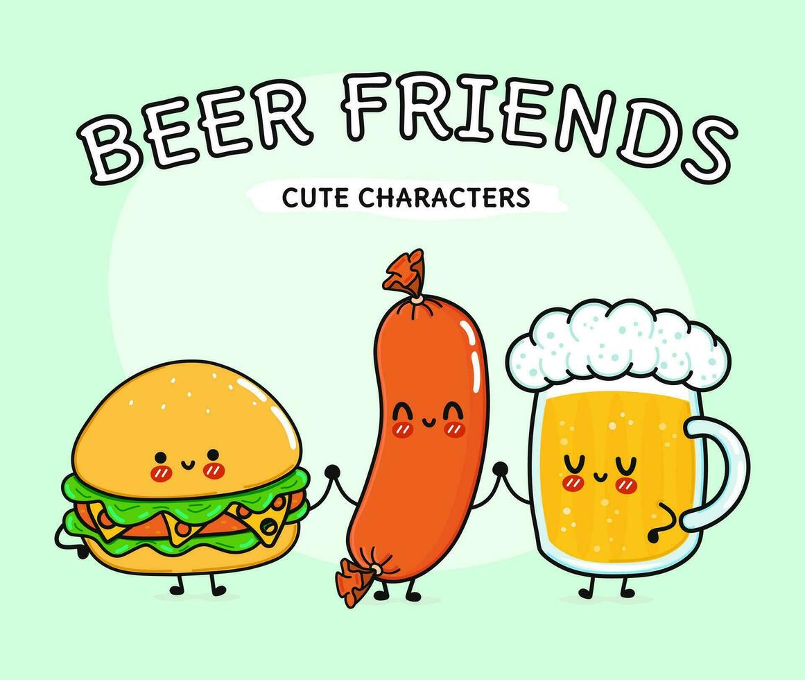 verre de bière heureux mignon et drôle, saucisse de hamburger. personnages de kawaii de dessin animé dessinés à la main de vecteur, icône d'illustration. verre de dessin animé drôle de concept d'amis bière, hamburger et saucisse vecteur