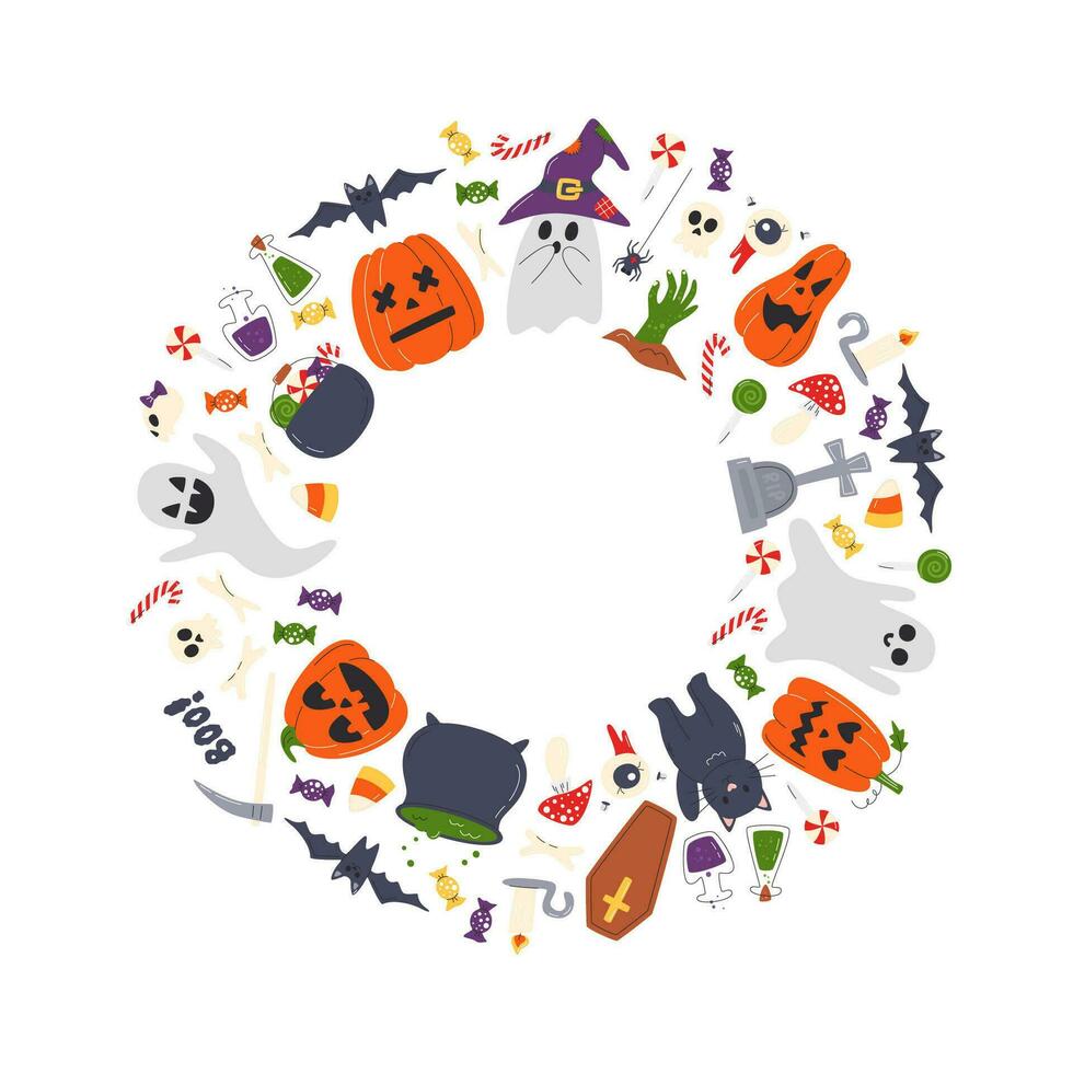 Halloween traditionnel éléments ensemble. cool vacances symboles isolé sur blanc Contexte. cercle en forme de Cadre plein de terrifiant et effrayant l'automne articles. main tiré plat vecteur illustration avec copie espace