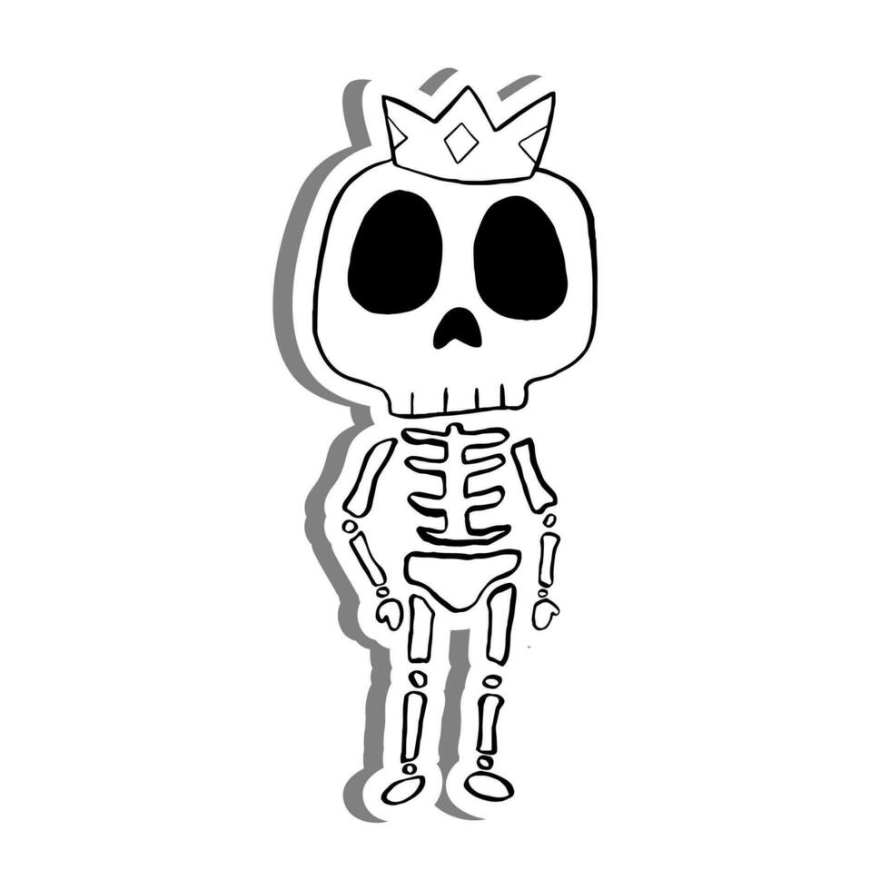 mignonne dessin animé squelette portant une couronne sur blanc silhouette et gris ombre. vecteur illustration à propos Halloween.