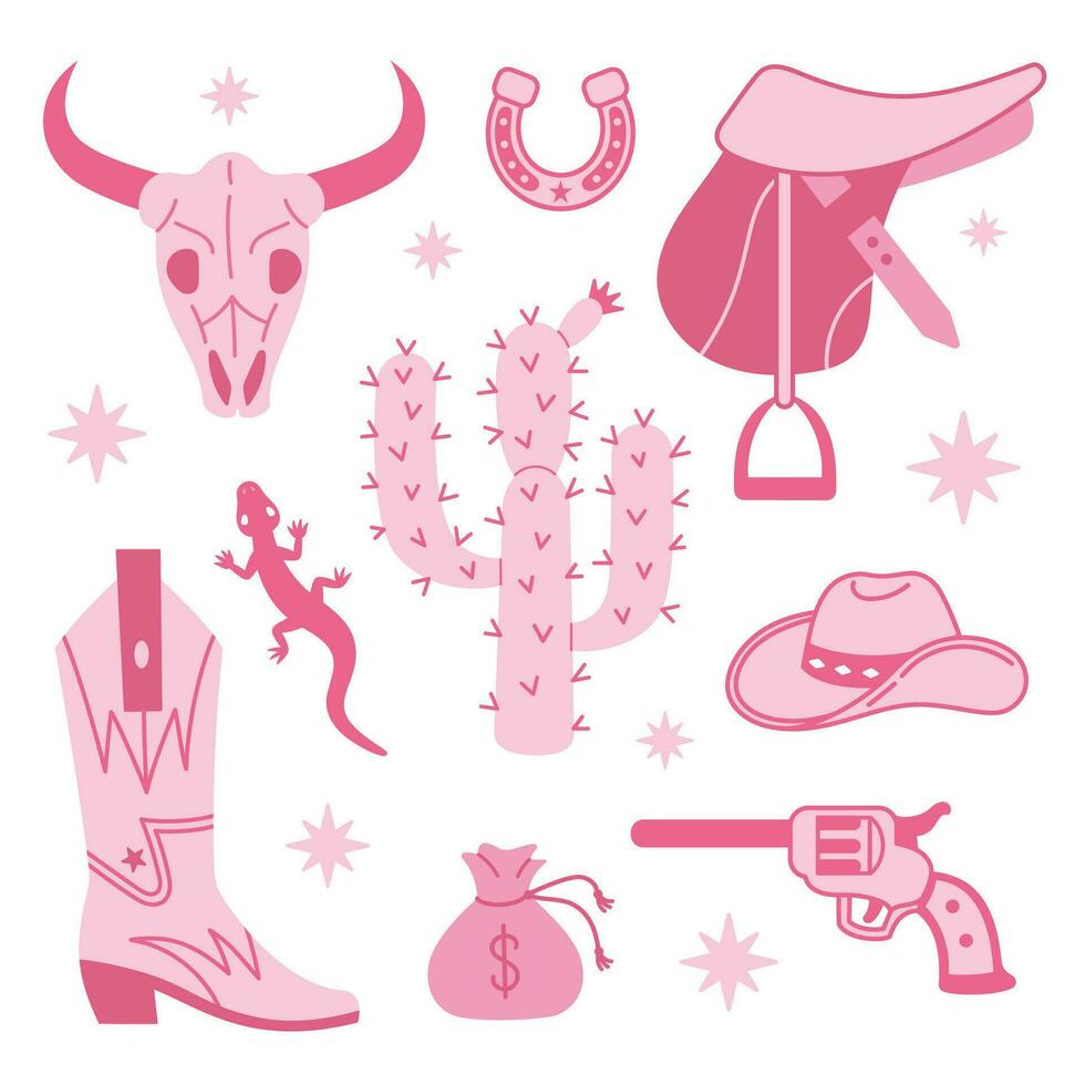 cow-boy rose coeur mode éléments collection. cow-girl bottes, chapeau, fer à cheval, cactus et cheval selle. cow-boy occidental et sauvage Ouest thème ensemble. main tiré vecteur illustration. griffonnage Icônes