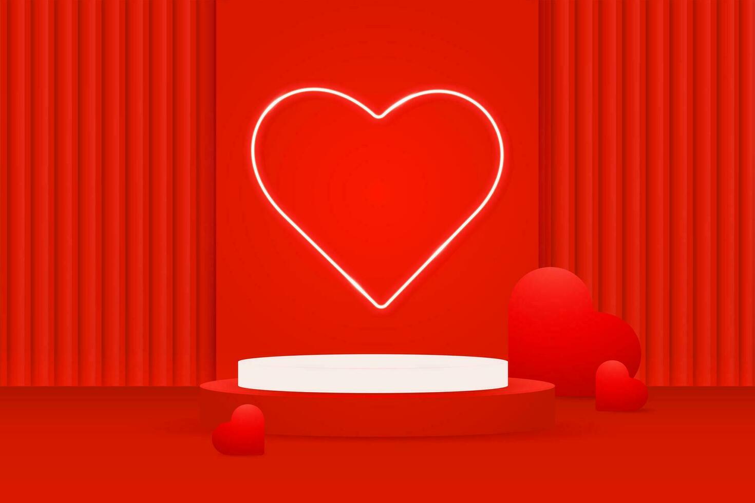 la Saint-Valentin journée réaliste 3d rouge blanc podium avec néon blanc cœur et rouge géométrique Contexte doux coeurs.neon lumière cœur forme. vecteur abstrait géométrique formes. rond étape vitrine.