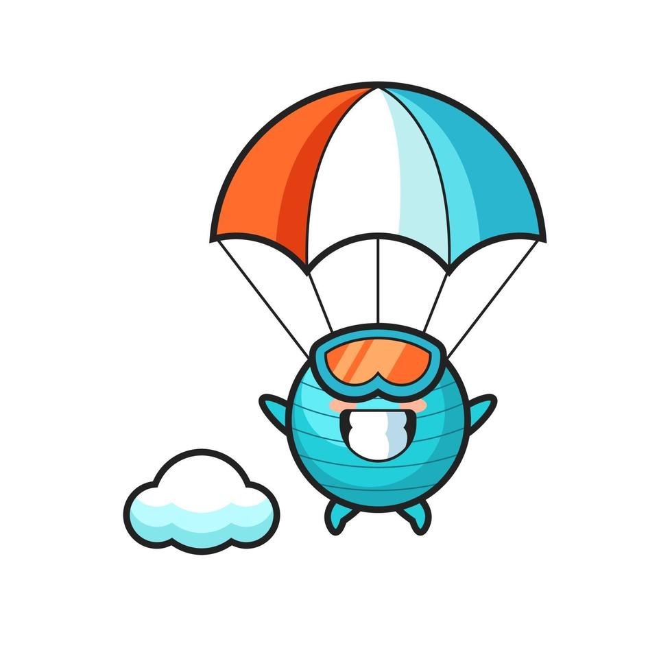 La bande dessinée de mascotte de boule d'exercice saute en parachute avec un geste heureux vecteur