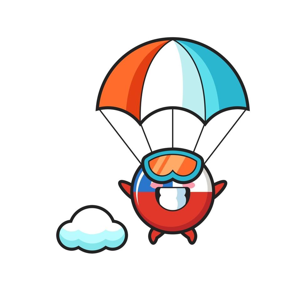 le dessin animé de mascotte d'insigne de drapeau du chili saute en parachute avec un geste heureux vecteur