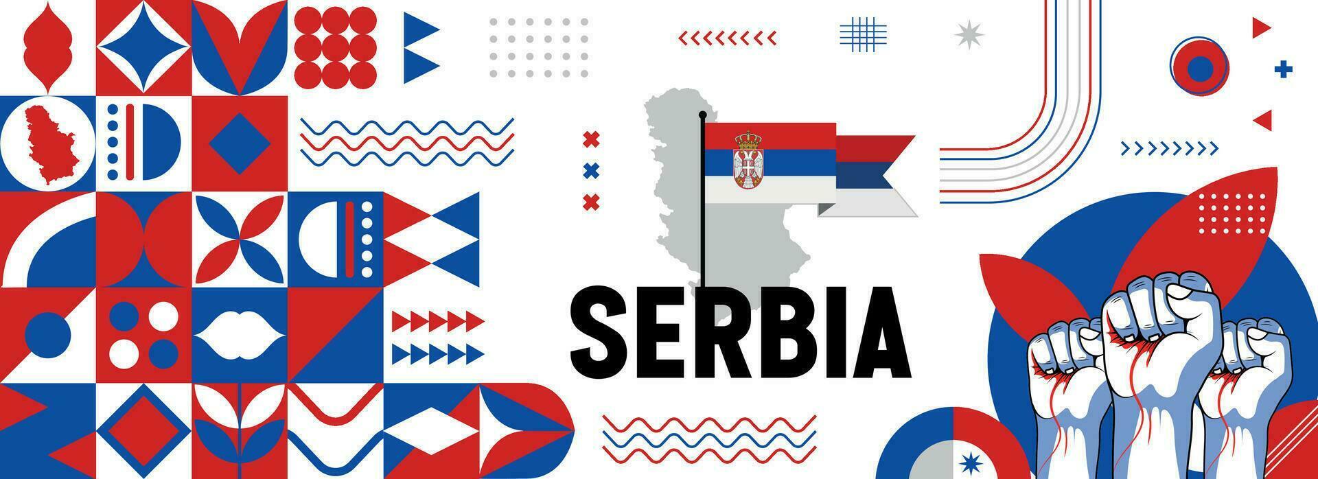 Serbie nationale ou indépendance journée bannière pour pays fête. drapeau et carte de Serbie avec élevé poings. moderne rétro conception avec typorgaphie abstrait géométrique Icônes. vecteur illustration.