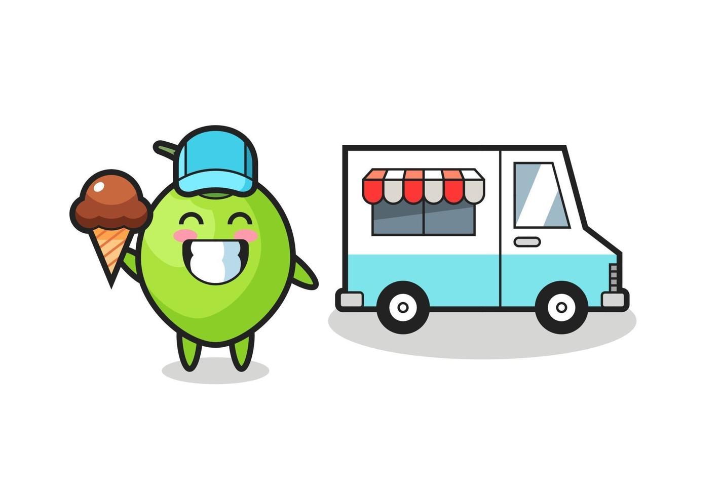 caricature de mascotte de noix de coco avec camion de crème glacée vecteur