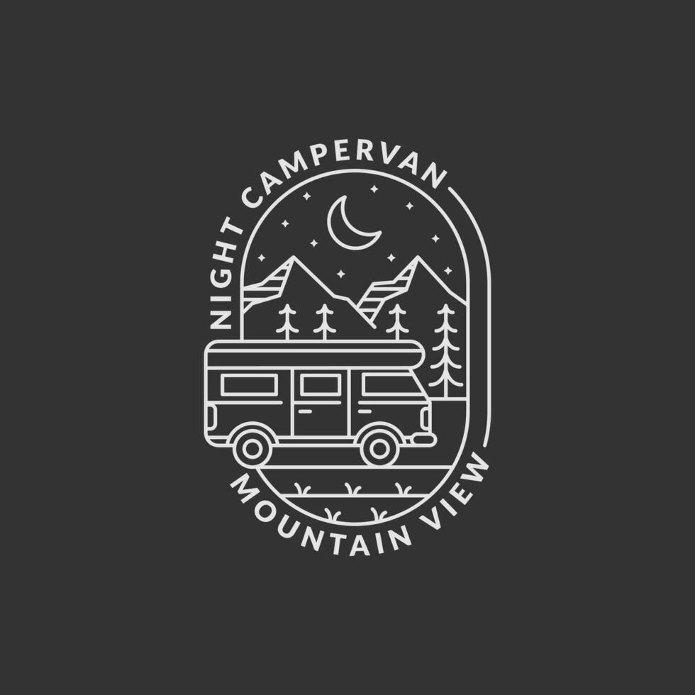 nuit Montagne et caravane badge monoline ou ligne art style vecteur illustration