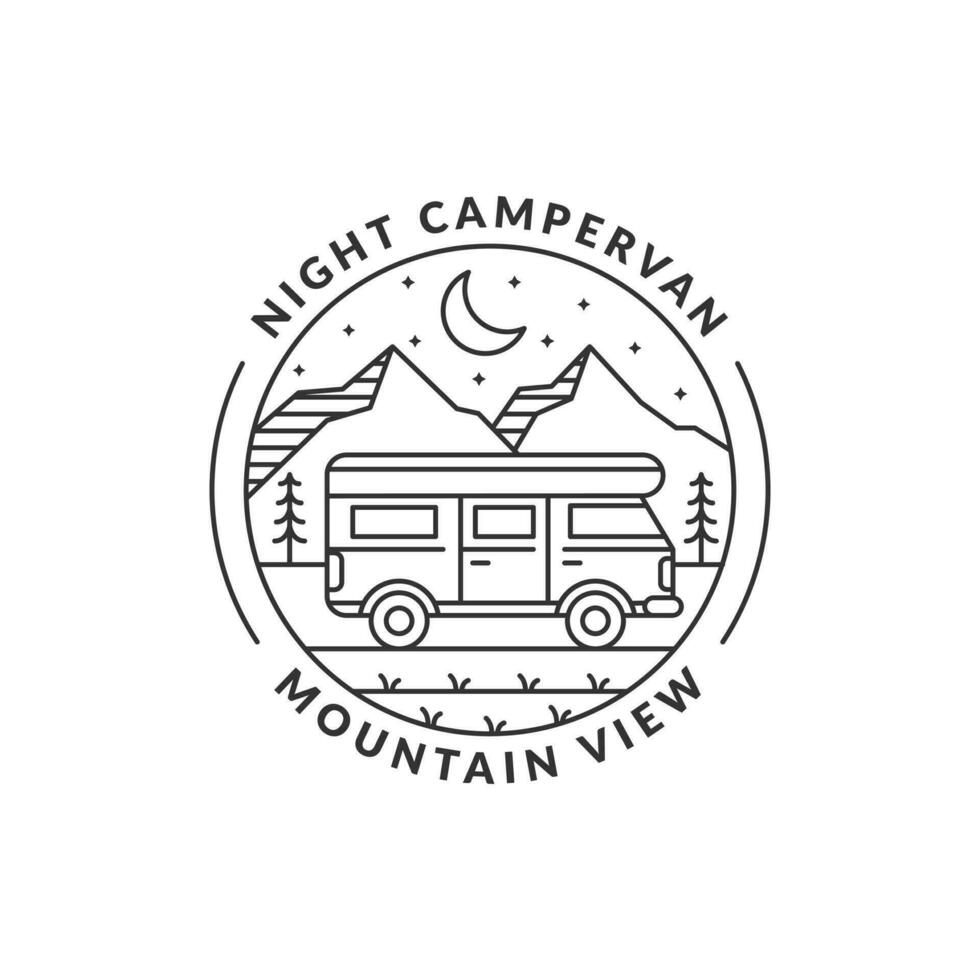 nuit Montagne et caravane badge monoline ou ligne art style vecteur illustration