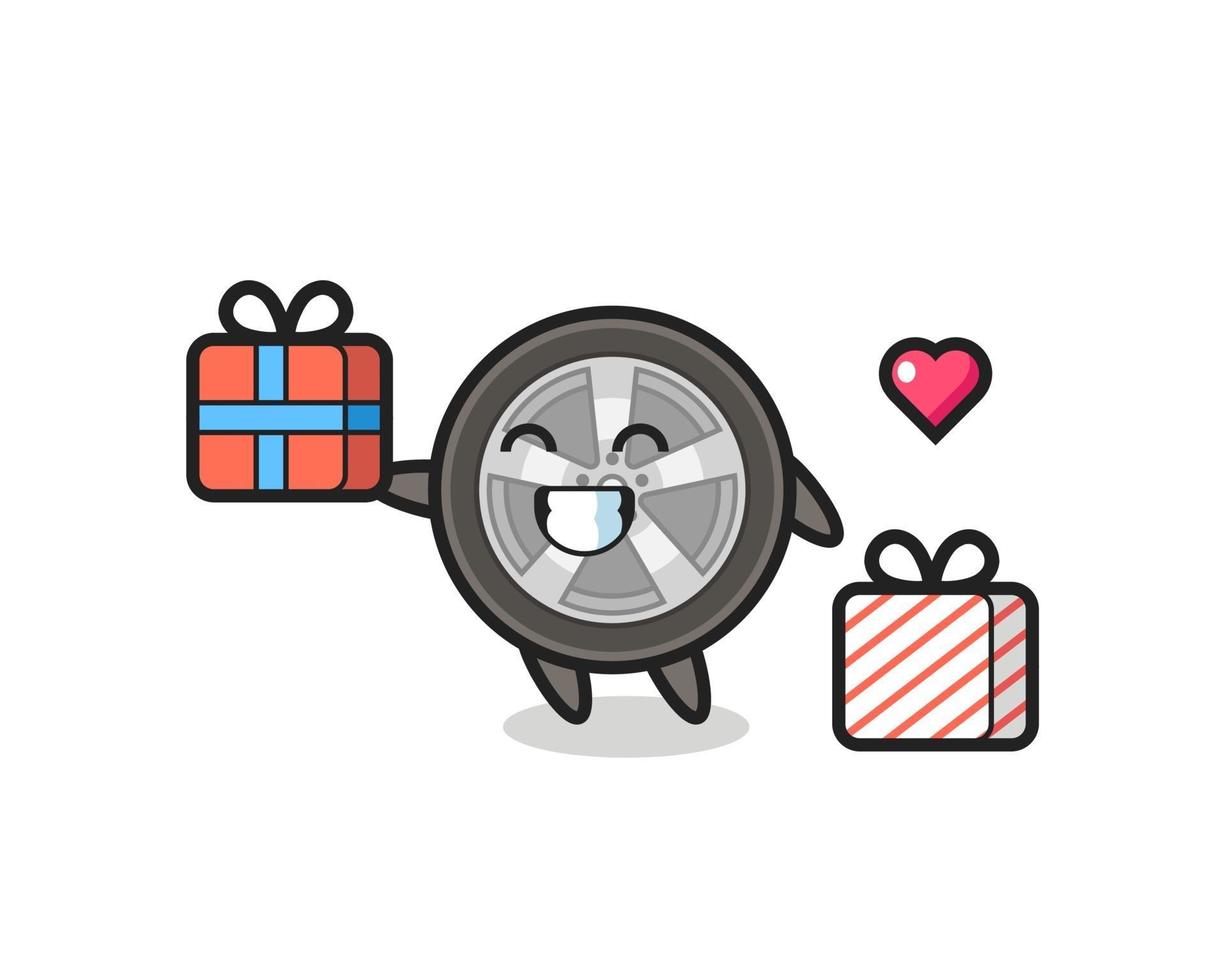 caricature de mascotte de roue de voiture donnant le cadeau vecteur