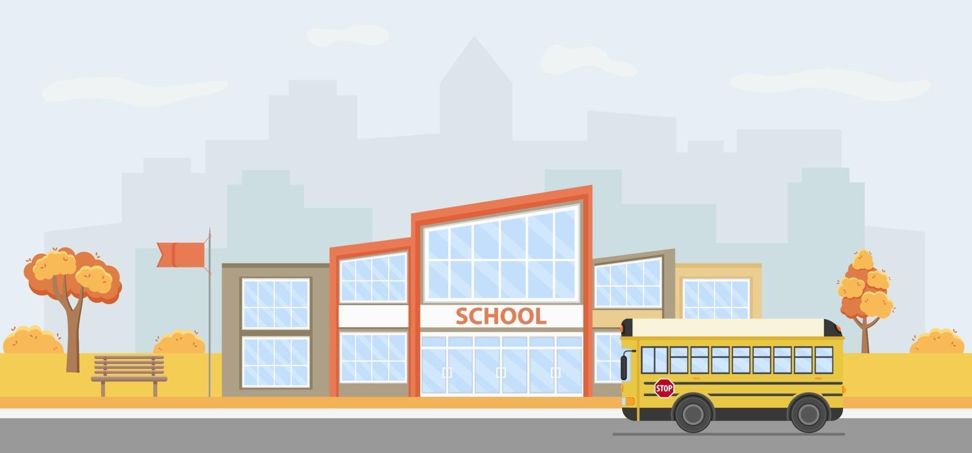 illustration vectorielle d'un bâtiment scolaire moderne avec un autobus scolaire. vecteur